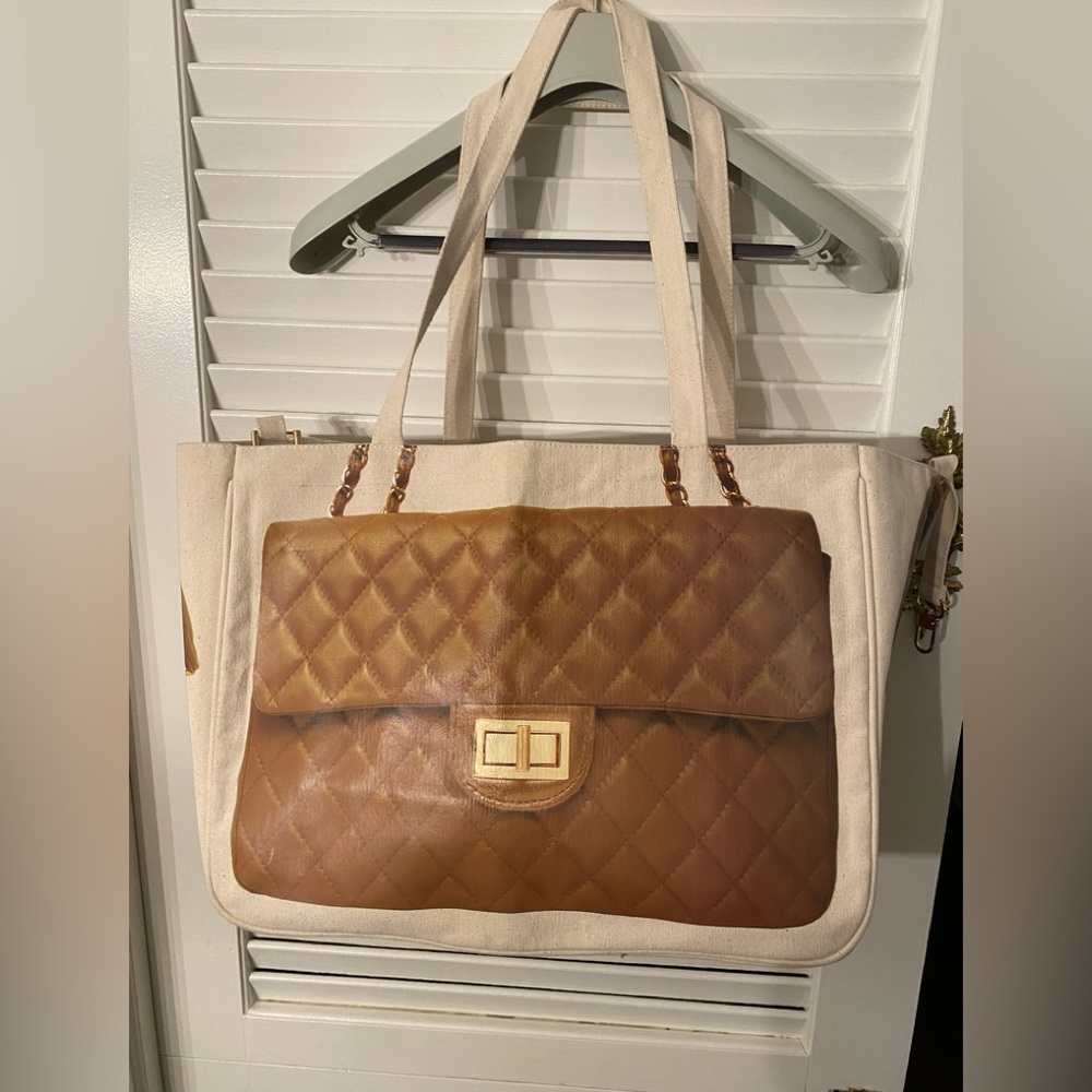 Thursday Friday Canvas Tote gently used Tan/Brown Leather Handbag Purse Gold
